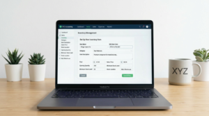 Inventory item setup form in accounting software showing SKU, cost, and quantity fields