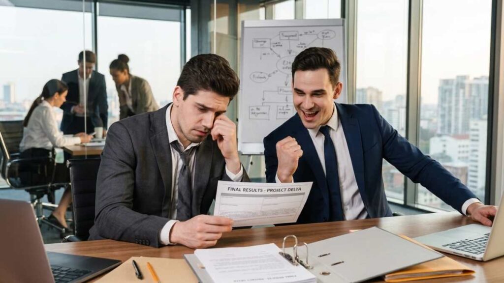 Business owners reviewing financial results with mixed outcomes.