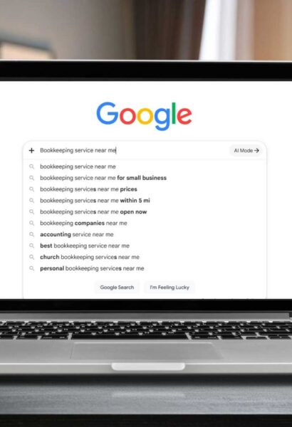 Bookkeeping services near me search results displayed on a laptop screen.