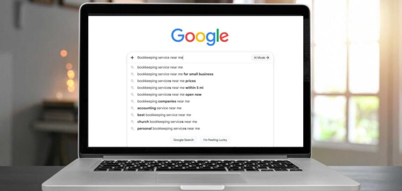 Bookkeeping services near me search results displayed on a laptop screen.