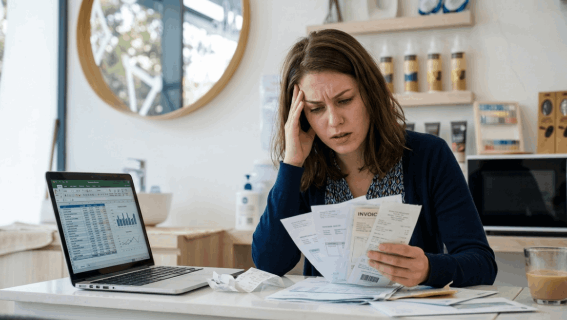 Person reviewing invoices and financial documents while working on a laptop at a desk.