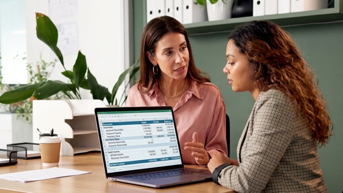 Two female professionals reviewing financial data on a laptop during a business discussion.