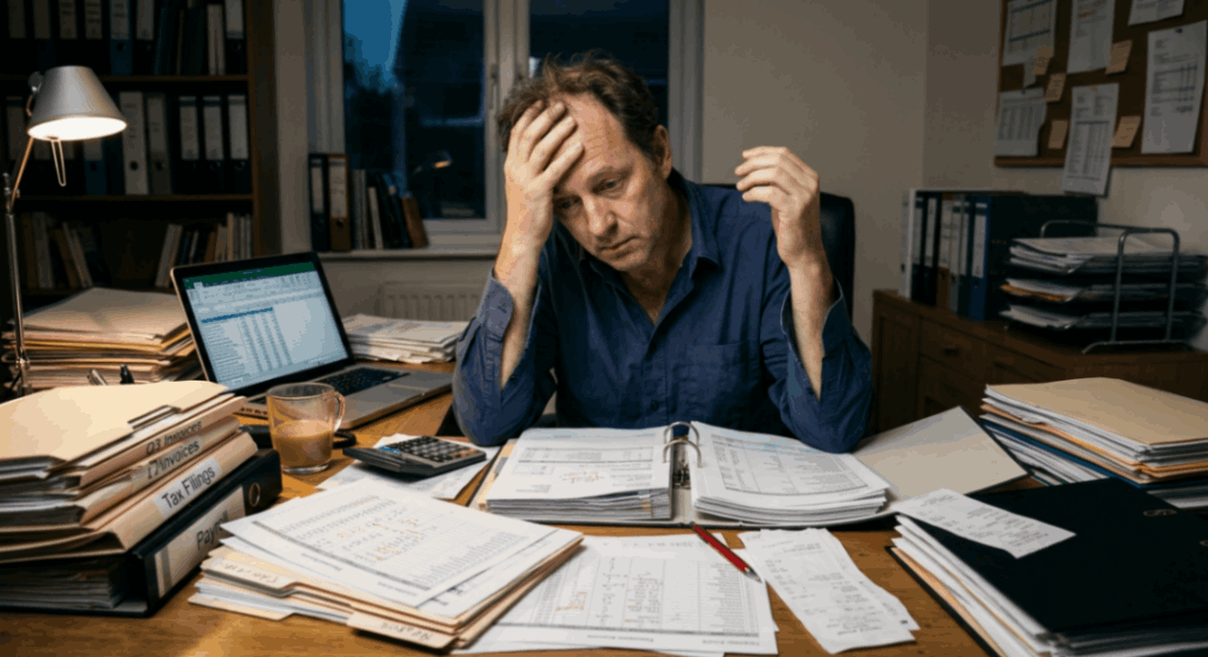 Man sitting at a desk covered with financial documents, invoices, and reports while reviewing paperwork in an office.