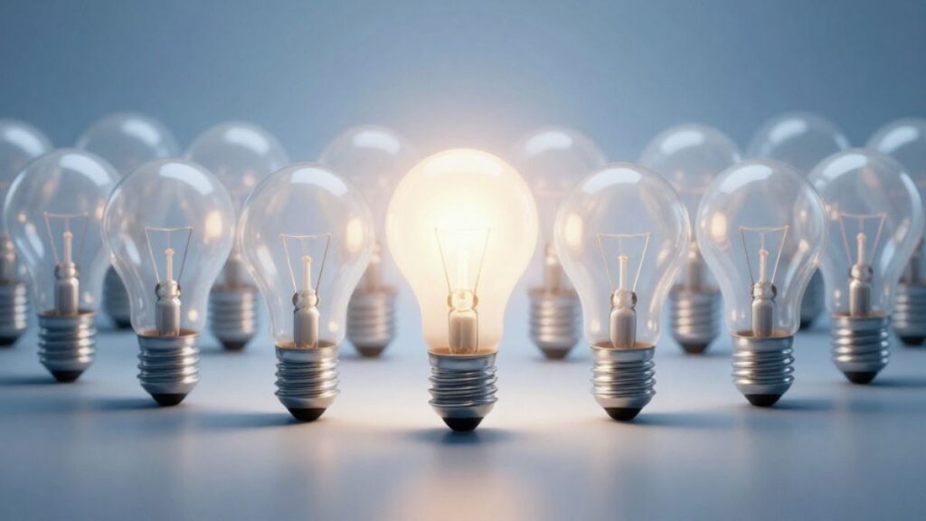 Illuminated light bulb among unlit bulbs.