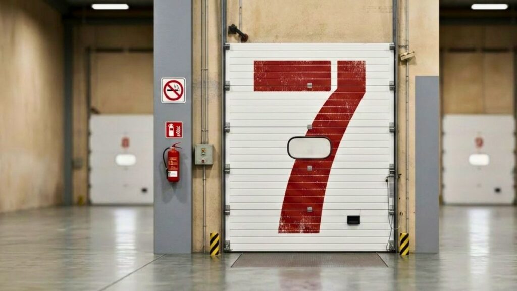 Warehouse loading bay door marked with the number seven.