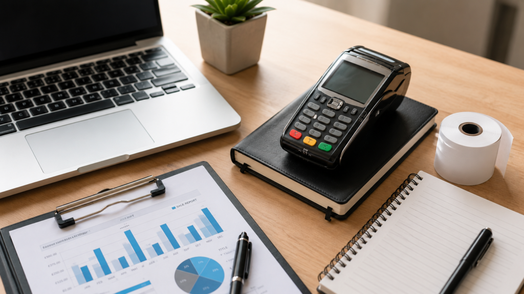 Retail Accountant using accounting software alongside POS reports and receipts