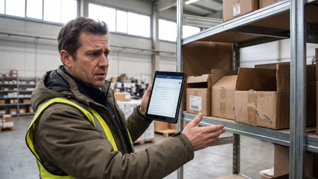 Worker checking warehouse inventory on tablet