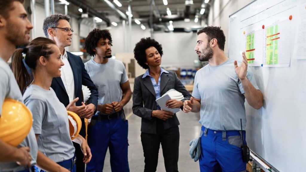 Team discussing inventory management tips and warehouse planning