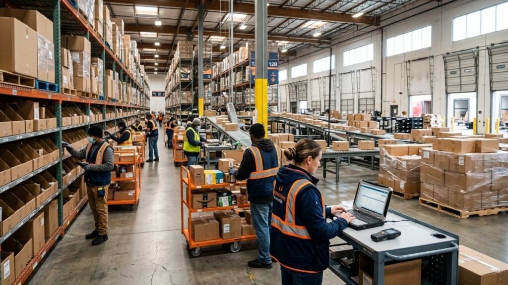Warehouse team managing holiday ecommerce orders