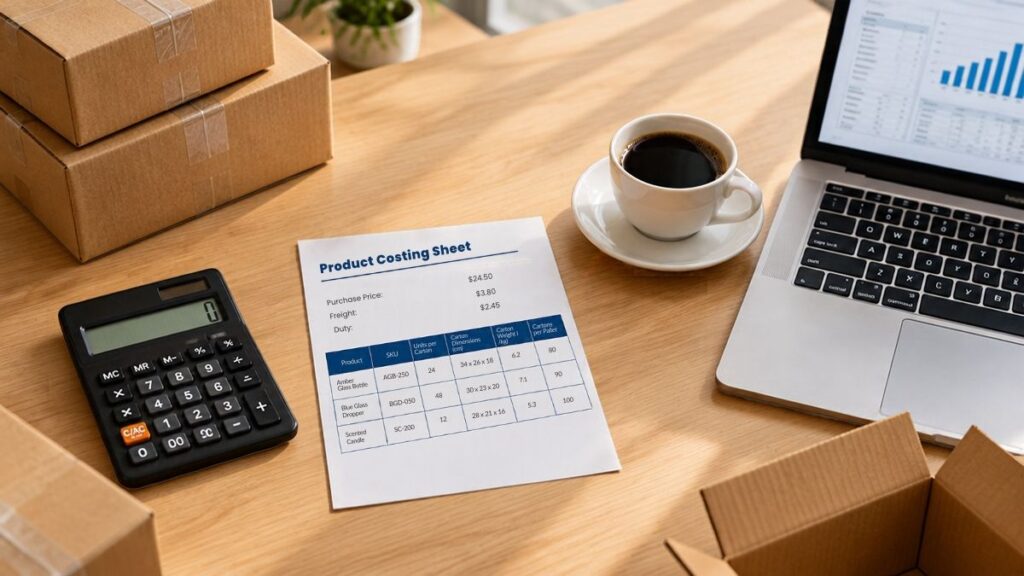 Product costing sheet with calculator and inventory records