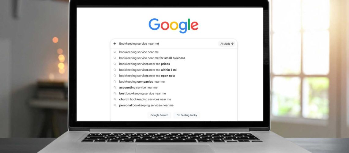 Bookkeeping services near me search results displayed on a laptop screen.