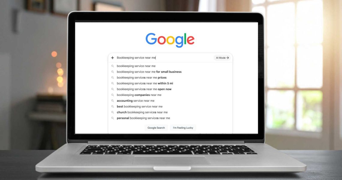 Bookkeeping services near me search results displayed on a laptop screen.